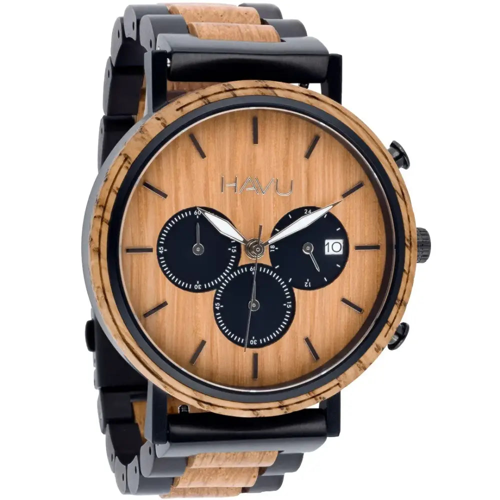 A sleek havu chronograph vuori 44mm watch with natural wood grain dial and alternating black and light brown wooden band links