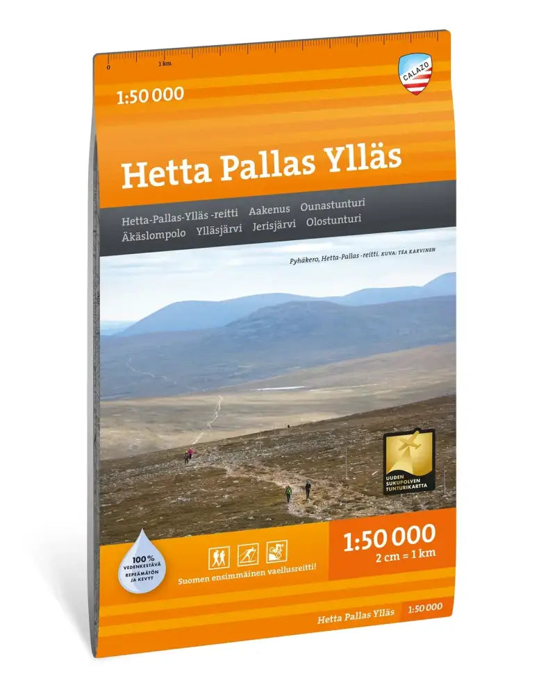 Оранжево-сива карта за планински преходи „Hetta Pallas“ в мащаб 1:50 000 от „Galax“, на която е отбелязана живописна планинска пътека