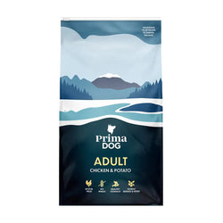10kg primadog adult kana ja peruna koiranruoka sinimusta pussi vuoristomaisemalla