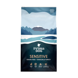 10kg prima dog adult sensitive viljaton peura ja kalkkuna koiranruoka sininen pussi vuorimaisema designilla