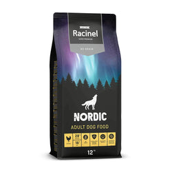 Mustapussi racinel nordic aikuisten koiranruokaa kana 12 kg revontulimuotoilulla ja valkoisella sudensiluetilla