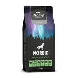 Mustapussi racinel nordic aikuisen koiranruokaa kana ja lammas 12 kg revontulisuunnittelu valkoinen susilogo