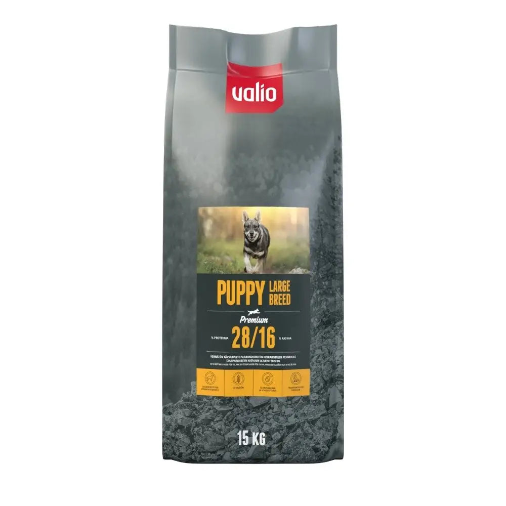 A sleek dark gray 15kg valio puppy large breed premium dog food bag with a red logo and puppy image on the front