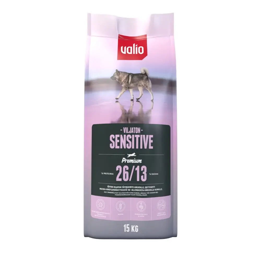 Vaaleanpunainen ja harmaa valio sensitive premium viljaton koiranruoka 15kg pakkauksessa, jossa husky-kuva edessä