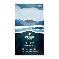 3kg primadog puppy kana-peruna koiranruoka tummansininen ja teal värinen pussi vuoristo- ja järvimaisemalla