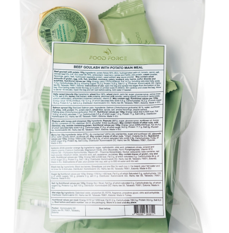 Food Force Naudanlihagulassi perunalla MRE ateriapaketti