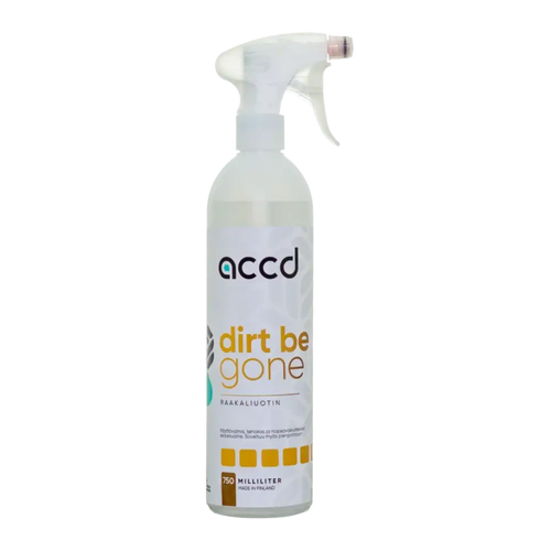 Selkeä muovinen suihkepullo valkoisella suihkeventtiilillä ja accd dirt be gone hiilivetypohjainen raakaliuotin 750ml tuotteella