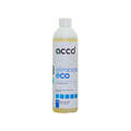 A clear plastic bottle with white cap containing 750 ml pale yellow accd eliminate eco efficace microemulsion