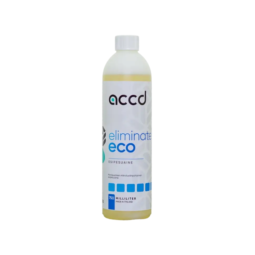 A clear plastic bottle with white cap containing 750 ml pale yellow accd eliminate eco efficace microemulsion