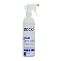 A clear plastic spray bottle with a white trigger nozzle labeled accd glass get clean for cleaning glass surfaces 750ml
