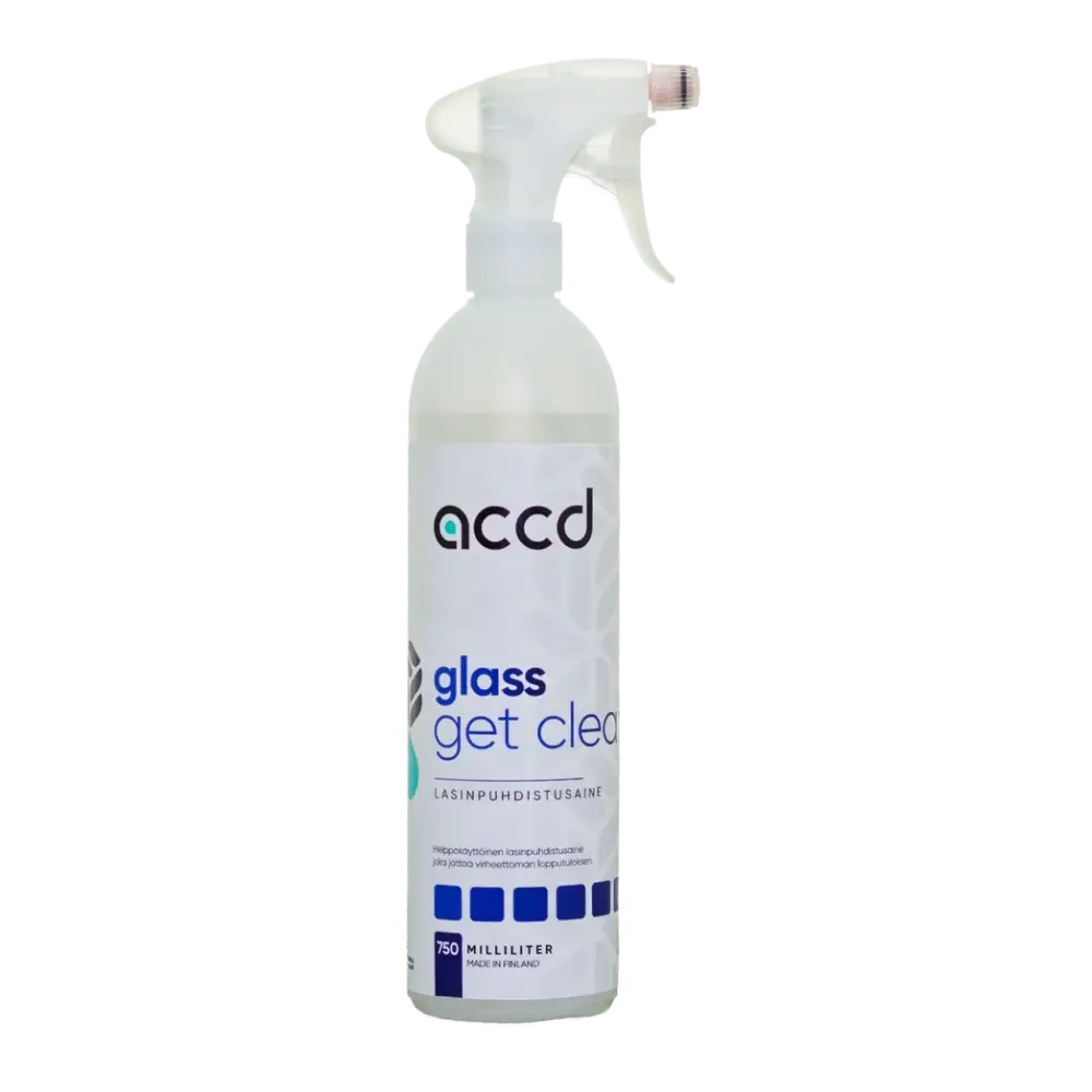 A clear plastic spray bottle with a white trigger nozzle labeled accd glass get clean for cleaning glass surfaces 750ml