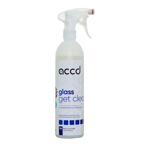 A clear plastic spray bottle with a white trigger nozzle labeled accd glass get clean for cleaning glass surfaces 750ml