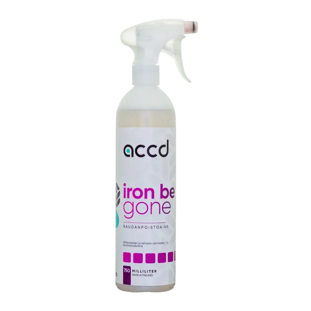 A white spray bottle labeled accd Iron Be Gone Raudanpoistoaine 750ml for removing iron deposits
