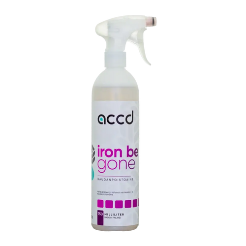 A white spray bottle labeled accd Iron Be Gone Raudanpoistoaine 750ml for removing iron deposits