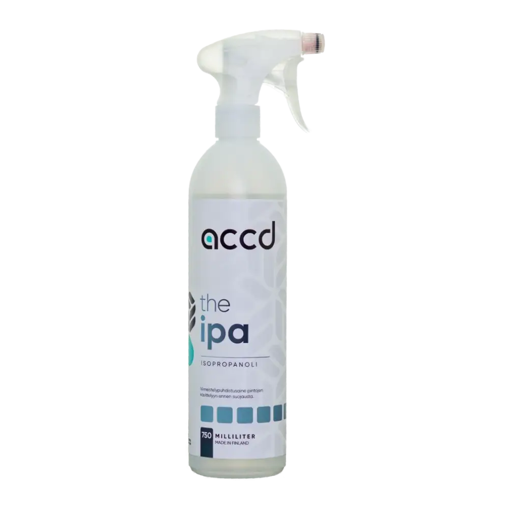 Selkeä muovinen sumutepullo valkoisella suutinpäällä accd the ipa isopropanolia 750 ml rasvanpoistoon