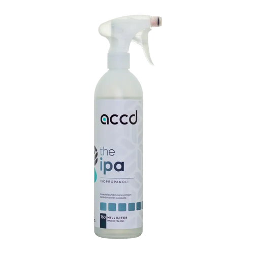 Selkeä muovinen sumutepullo valkoisella suutinpäällä accd the ipa isopropanolia 750 ml rasvanpoistoon