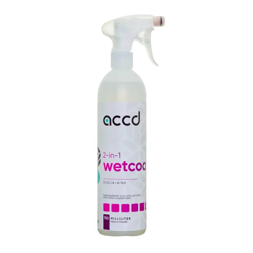 Clear plastic spray bottle of accd wetcoat 2-in-1 pikavaha 750ml with white trigger and pink accents on white background