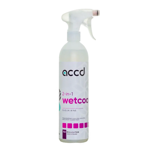 Clear plastic spray bottle of accd wetcoat 2-in-1 pikavaha 750ml with white trigger and pink accents on white background