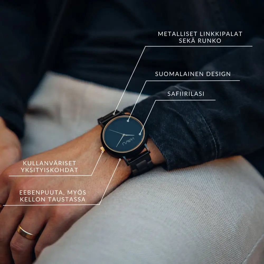 Aura 42mm musta puinen kello tummansinisellä kellotaululla ja kultaisilla yksityiskohdilla ennakkomyyntiin