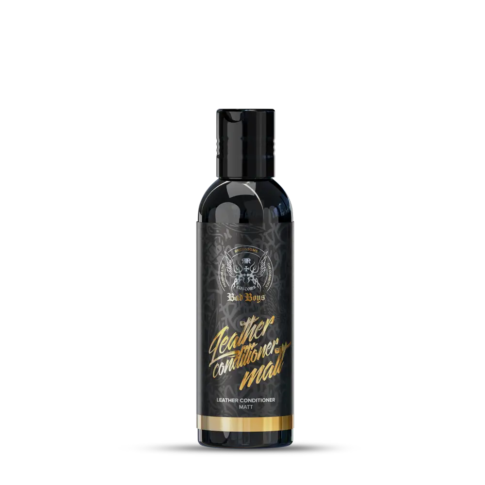 Badboys leather conditioner matt 150ml musta mattanahkainen hoitoaine kultafolioidulla tekstillä ja mustalla korkilla