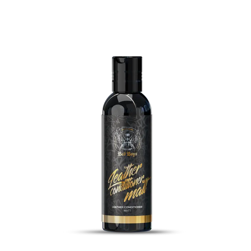 Badboys leather conditioner matt 150ml musta mattanahkainen hoitoaine kultafolioidulla tekstillä ja mustalla korkilla