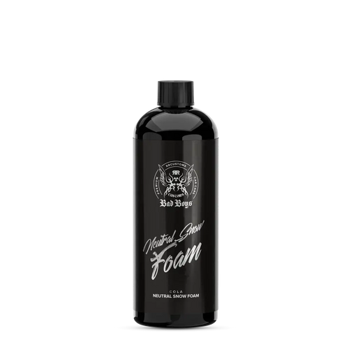 Black plastic bottle of bad boys neutral snow foam 1l with glossy finish and silver foil label with white cursive text