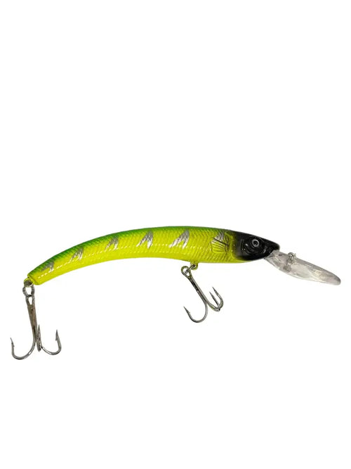Vibrant lime-green and black banana diver syvännevappu 15 cm fishing lure with silver stripes and triple hooks for murky water in sunlight