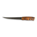 A sleek big fillet knife with a curved dark metallic blade and an intricately patterned brown wooden handle engraved m