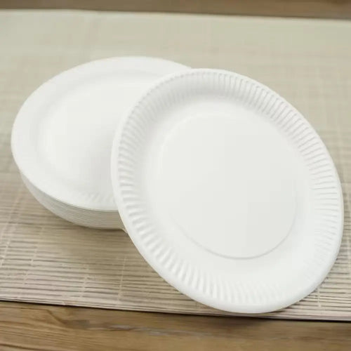 Biohajoava valkoinen kertakäyttölautanen 23 cm, 40 kpl, jossa on uurrettu ja sahalaitainen reuna