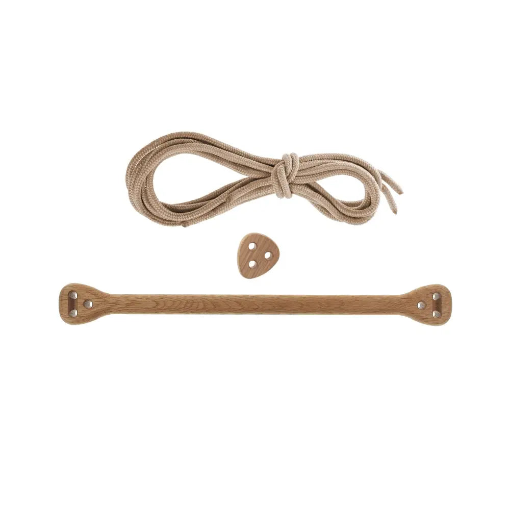 Light brown wooden shoelace tie with metal eyelets and matching beige braided lace in bone oak beige color