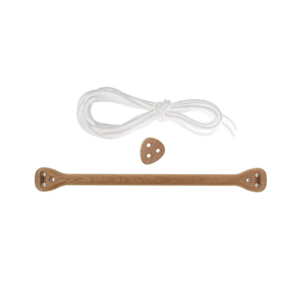 Light brown oak wooden bar with metal hardware and coiled white rope in bone oak white product