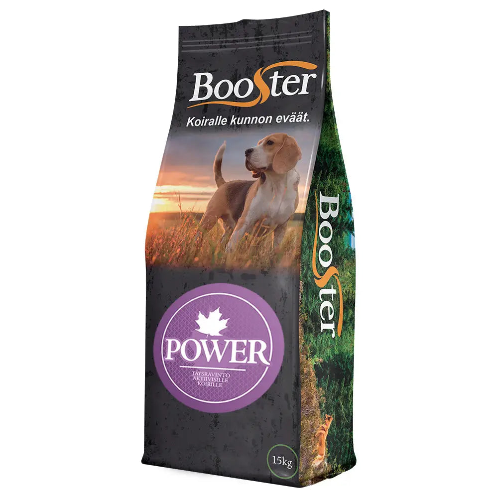 Mustapurple booster power 15kg koiranruokapussi aktiivisille koirille beagle auringonlaskun pellolla