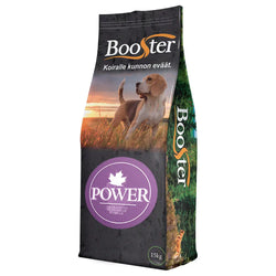 A 15 kg booster power koiranruokasäkki jossa beagle auringonlaskun pelolla tummassa pakkauksessa violetti ja oranssi brändäys