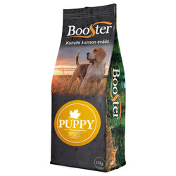 Booster puppy 15kg koiranruokapussi, jossa beagle-kuva ja keltainen puppy-merkki näkyvillä edessä