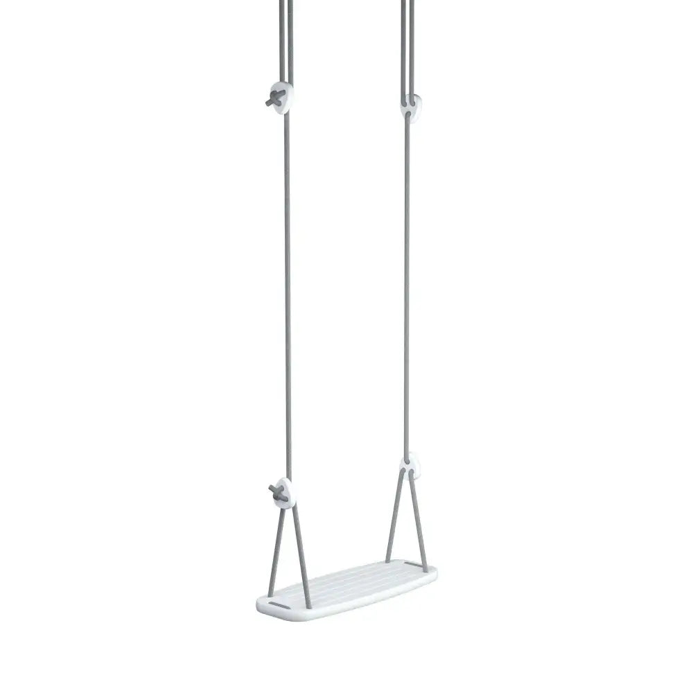 White plastic classic birch swing with grey ropes and white metal hardware for outdoor use