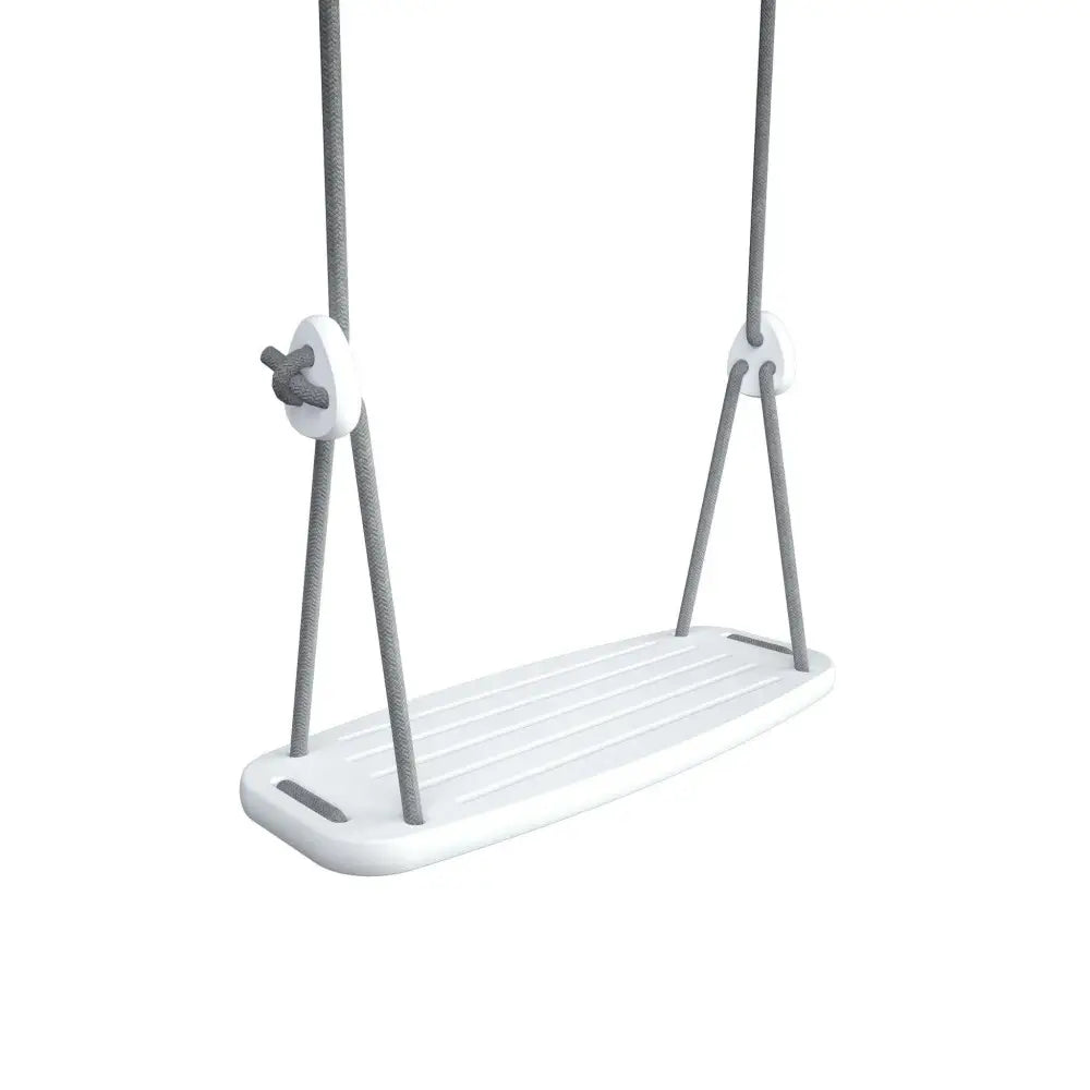 White plastic toddler swing classic birch grey with gray rope straps and white hardware for outdoor use