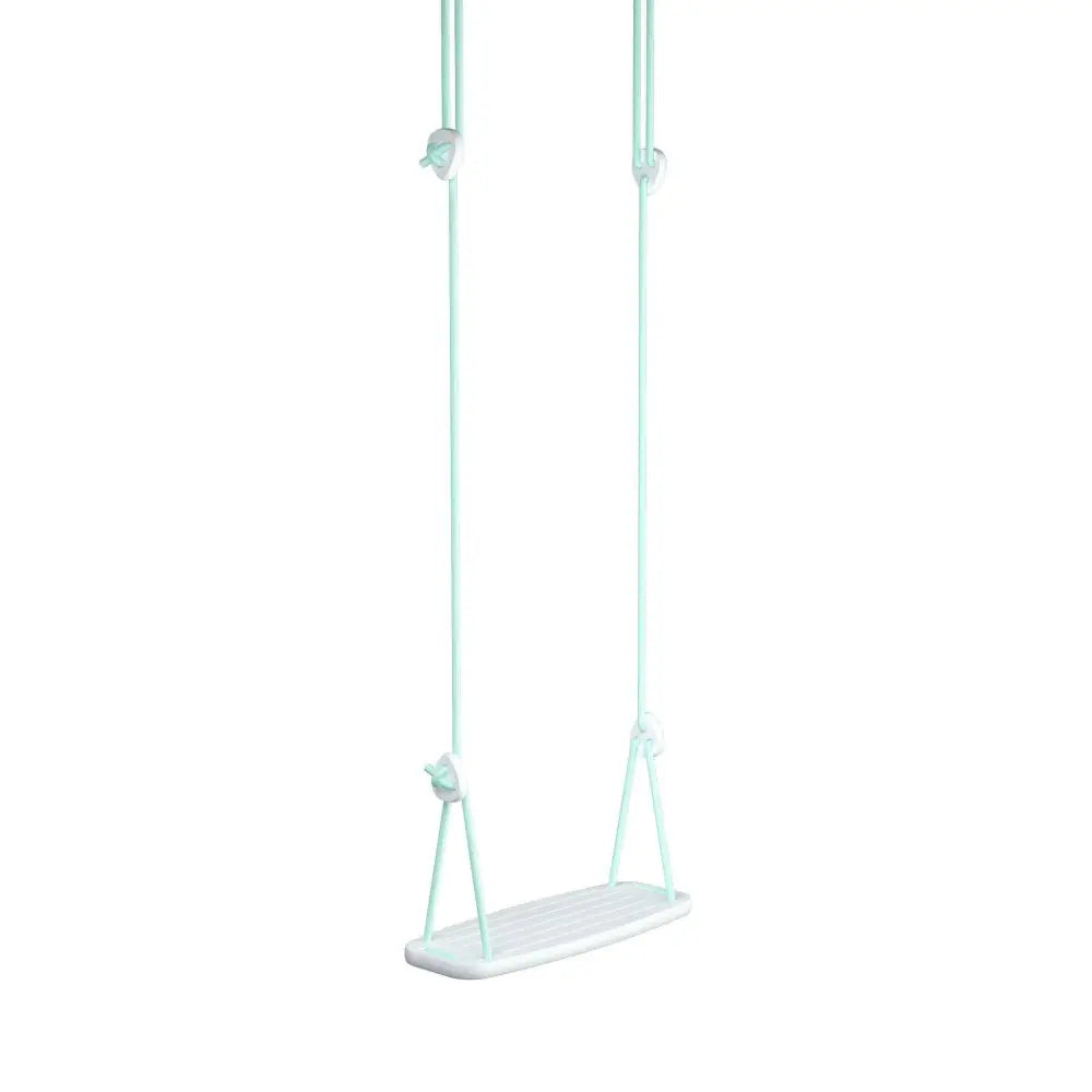 A classic birch mint green rope swing with a white plastic seat and matching hardware for outdoor use
