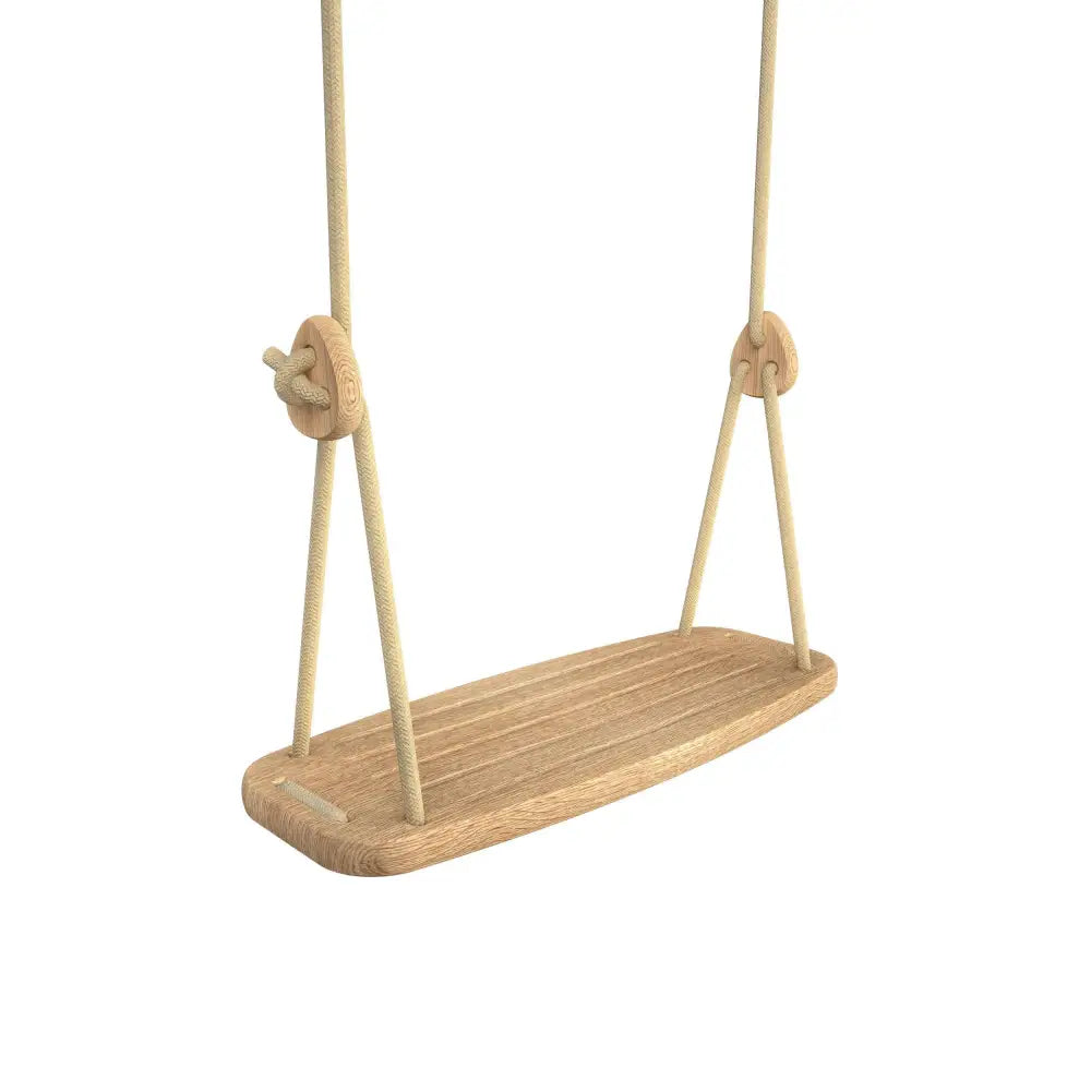 A light-colored wooden classic oak swing with beige finish and sturdy rope suspension