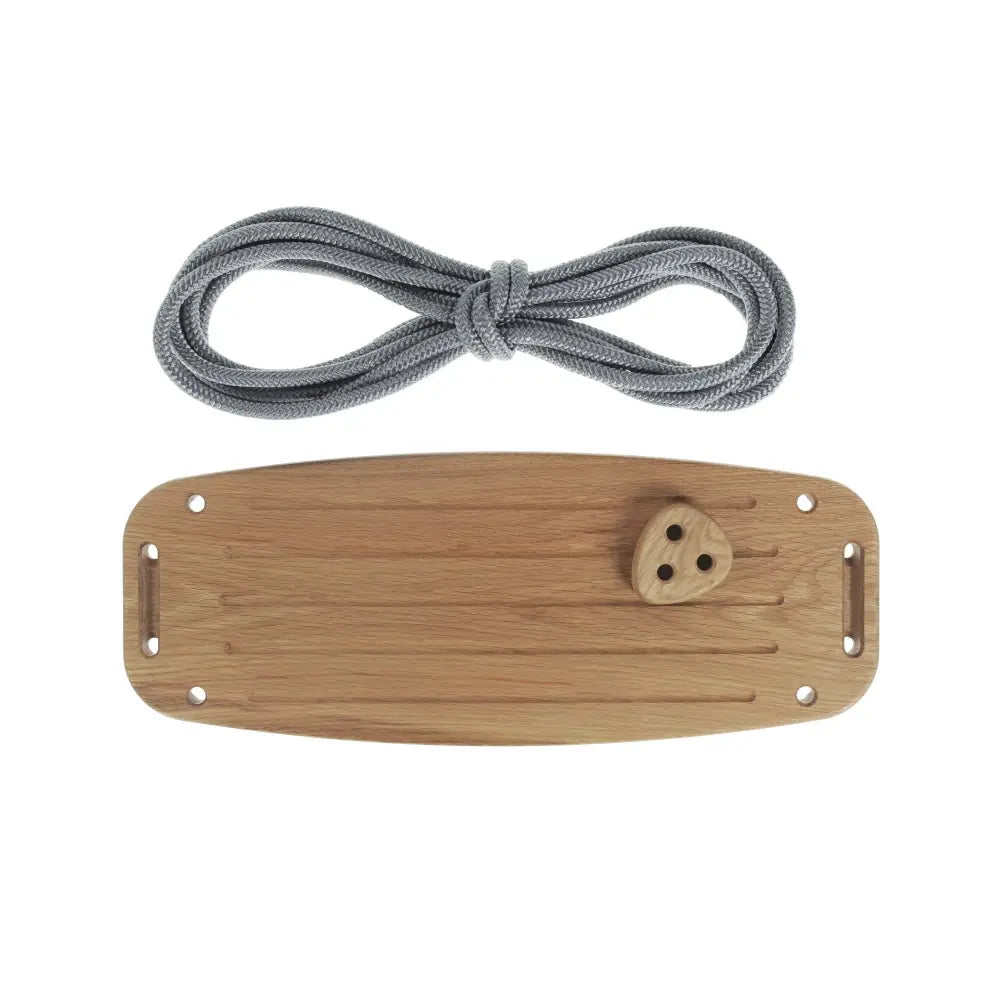 Classic oak wooden swing seat with grey braided rope and triangular wood peg with three holes