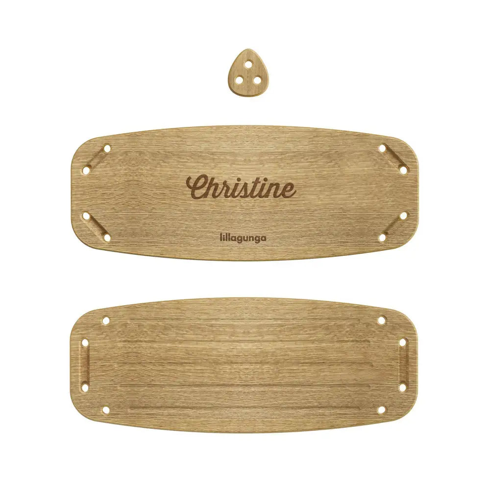 Light brown wooden classic personalised nameplate with engraved cursive text christine and lillagunga brand logo