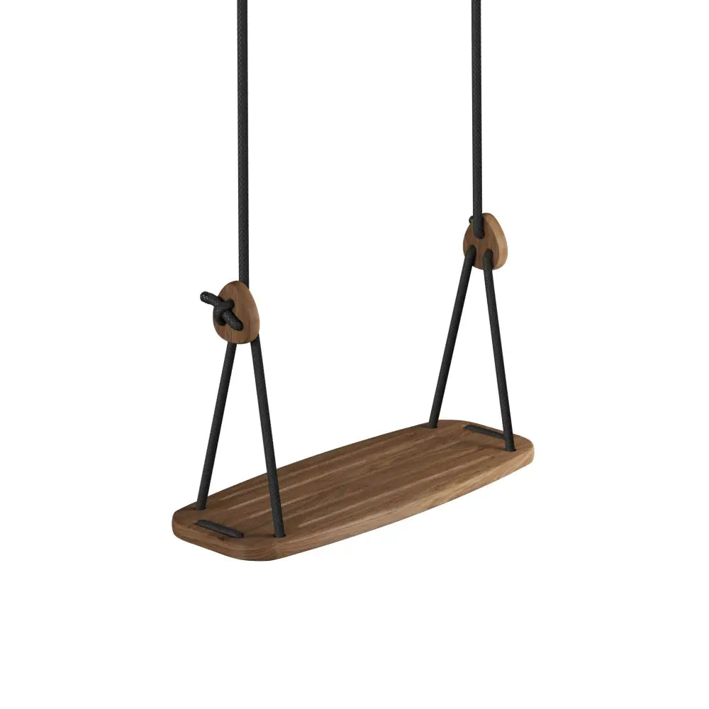A modern wooden swing with black metal supports and rope suspension in classic walnut black finish
