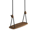 A modern wooden swing with black metal supports and rope suspension in classic walnut black finish