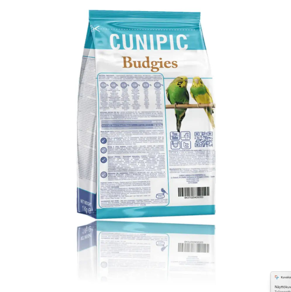 Cunipic premium budgies undulaatille 1 kg teal-valkoinen uudelleensuljettava pussi vihreillä undulaateilla