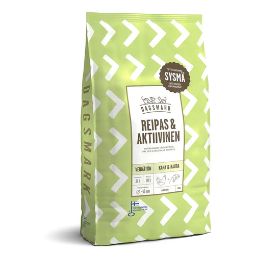 Light green and white patterned dagsmark reipas ja aktivinen dog food bag with chicken and duck ingredients in a 10 kg packaging