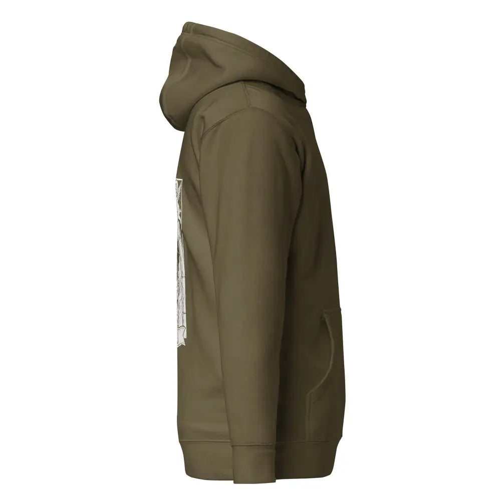 Olive green huppari divine fuel holy mission valkoisella graafisella painatuksella vasemmalla puolella