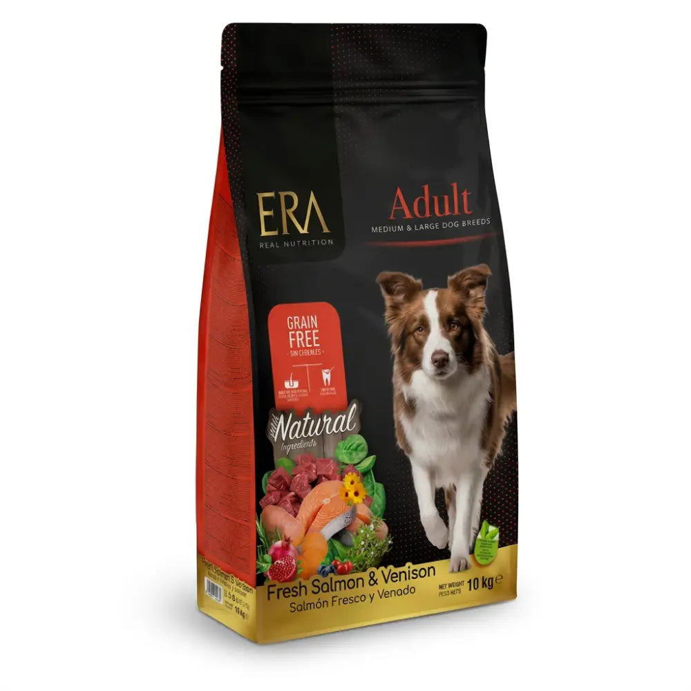 Black and red era grain-free adult dog food bag for medium to large breeds with fresh salmon and venison label and border collie image