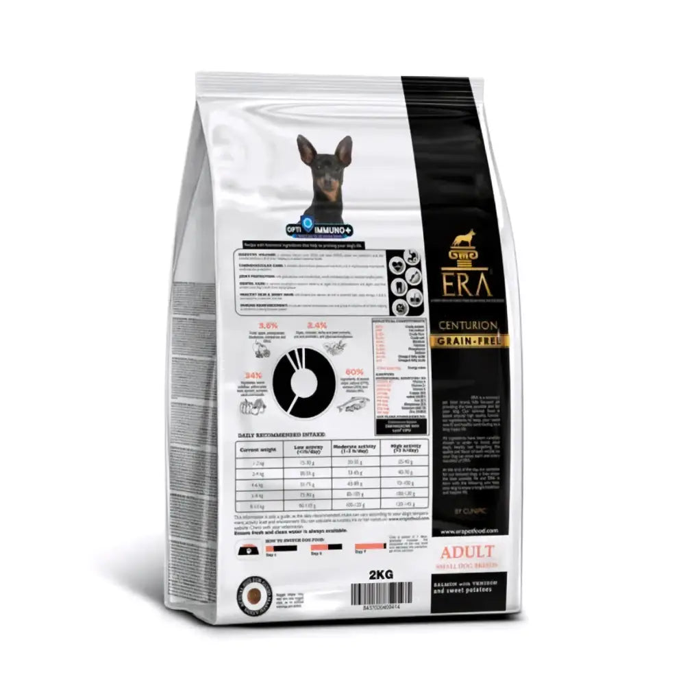 Hopease ja musta 2 kg era centurion grain free aikuisen koiranruokapussi pienille koirille lohi ja peura