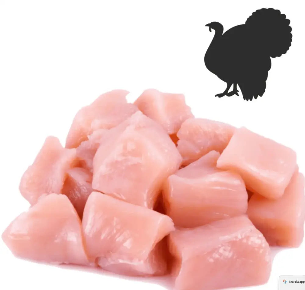 Pinkin värisiä kuutioituja raakaa kalkkunanlihaa era grain-free sterilised sensitive adult tuore lohi ja kalkkuna 3 kg -tuotteessa
