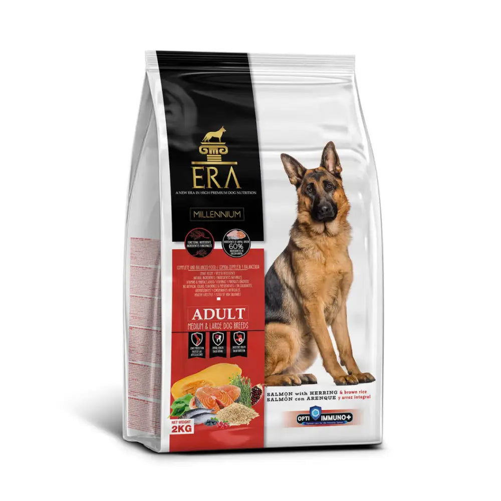 A 2kg bag of era millennium adult dog food with a german shepherd on the packaging featuring salmon and brown rice