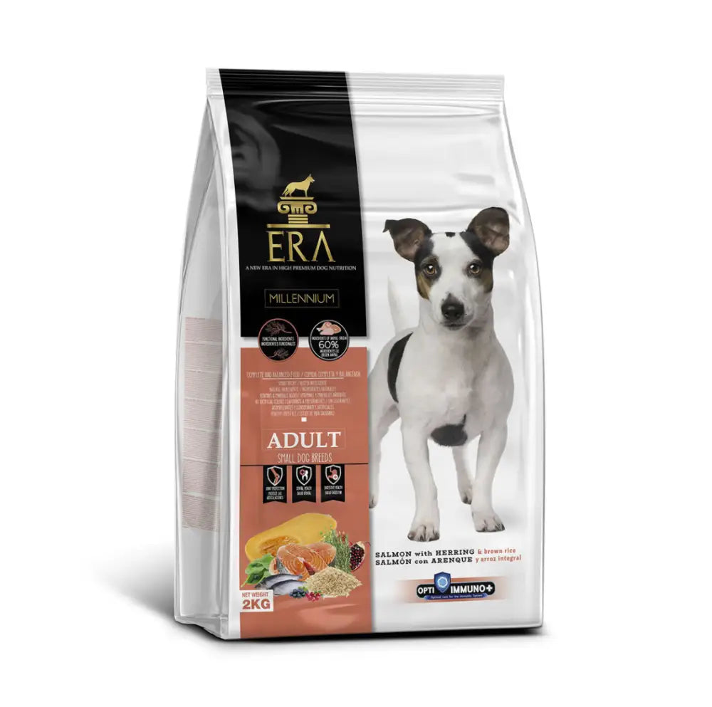A 2kg bag of era millennium adult small dog food featuring a black and white dog with salmon and herring ingredients